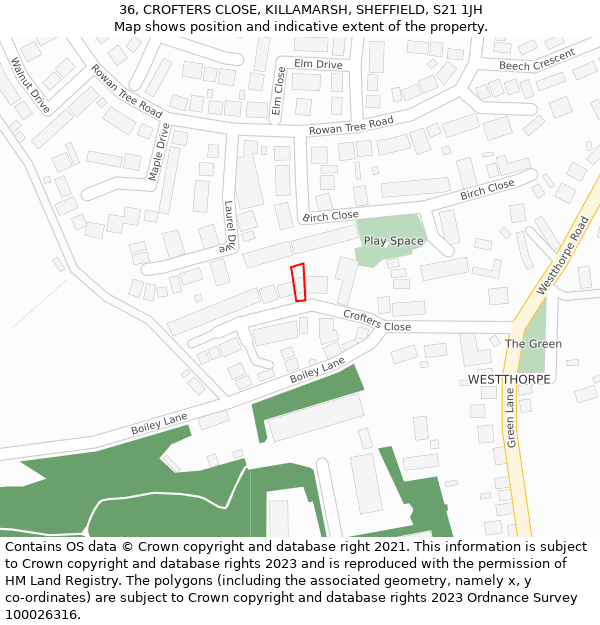 36, CROFTERS CLOSE, KILLAMARSH, SHEFFIELD, S21 1JH: Location map and indicative extent of plot