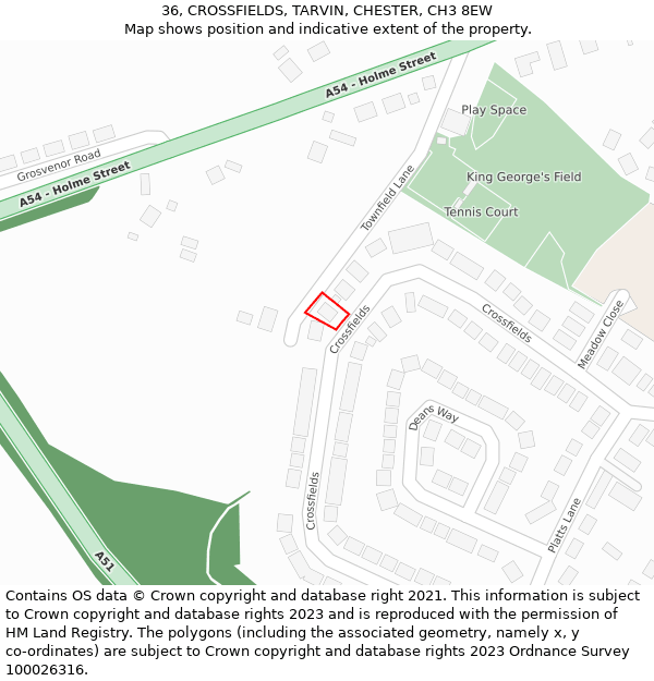 36, CROSSFIELDS, TARVIN, CHESTER, CH3 8EW: Location map and indicative extent of plot