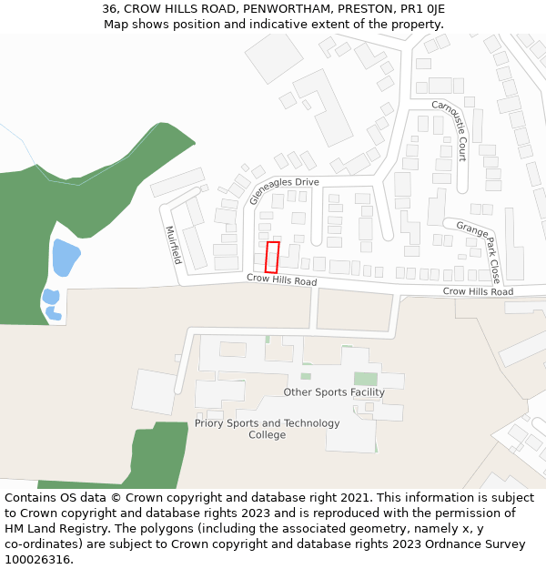 36, CROW HILLS ROAD, PENWORTHAM, PRESTON, PR1 0JE: Location map and indicative extent of plot