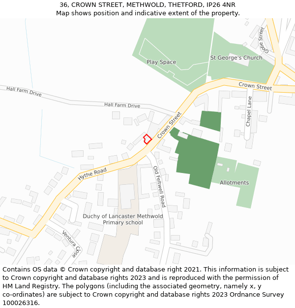 36, CROWN STREET, METHWOLD, THETFORD, IP26 4NR: Location map and indicative extent of plot