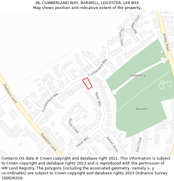 36, CUMBERLAND WAY, BARWELL, LEICESTER, LE9 8HX: Location map and indicative extent of plot