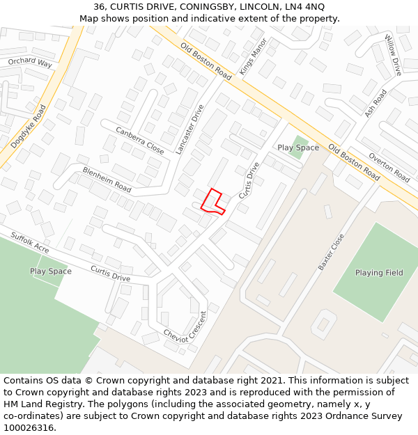 36, CURTIS DRIVE, CONINGSBY, LINCOLN, LN4 4NQ: Location map and indicative extent of plot