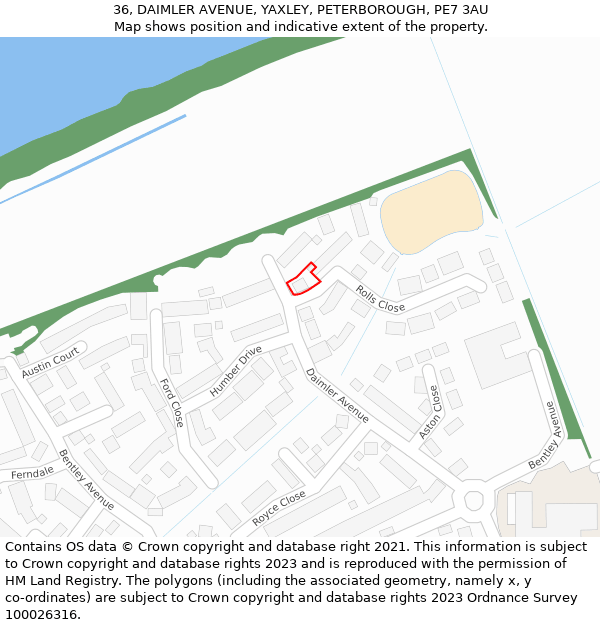 36, DAIMLER AVENUE, YAXLEY, PETERBOROUGH, PE7 3AU: Location map and indicative extent of plot