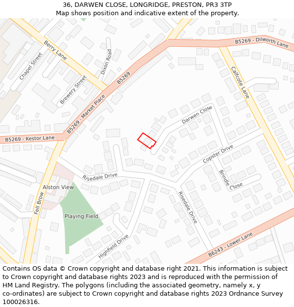36, DARWEN CLOSE, LONGRIDGE, PRESTON, PR3 3TP: Location map and indicative extent of plot