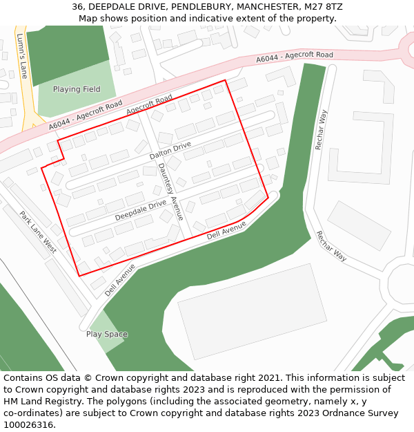 36, DEEPDALE DRIVE, PENDLEBURY, MANCHESTER, M27 8TZ: Location map and indicative extent of plot