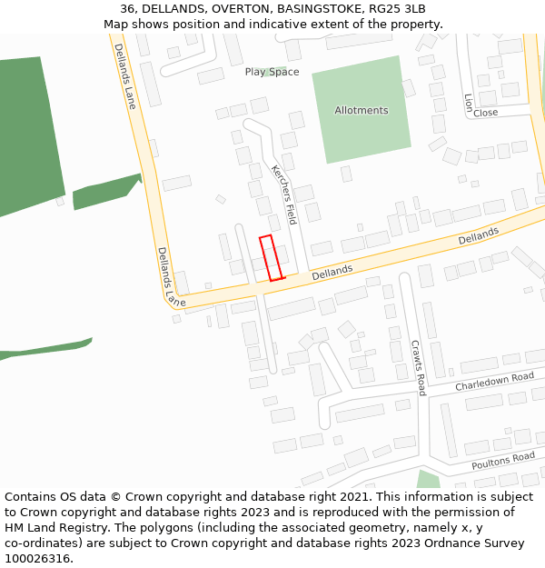 36, DELLANDS, OVERTON, BASINGSTOKE, RG25 3LB: Location map and indicative extent of plot