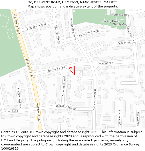 36, DERWENT ROAD, URMSTON, MANCHESTER, M41 8TT: Location map and indicative extent of plot