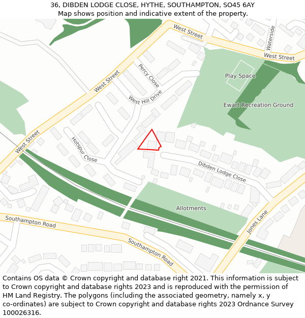 36, DIBDEN LODGE CLOSE, HYTHE, SOUTHAMPTON, SO45 6AY: Location map and indicative extent of plot