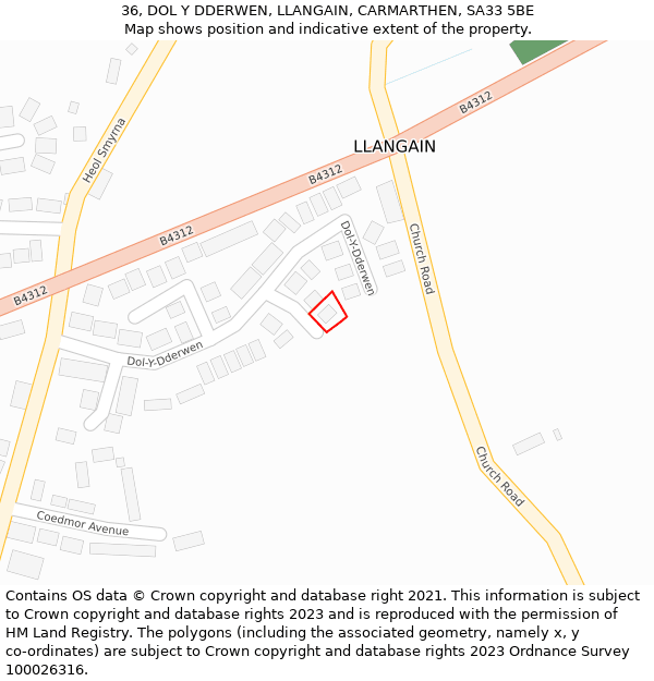 36, DOL Y DDERWEN, LLANGAIN, CARMARTHEN, SA33 5BE: Location map and indicative extent of plot