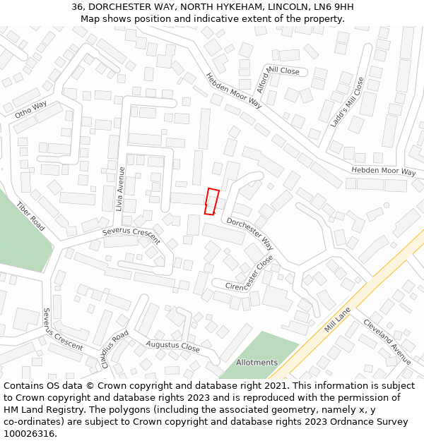 36, DORCHESTER WAY, NORTH HYKEHAM, LINCOLN, LN6 9HH: Location map and indicative extent of plot