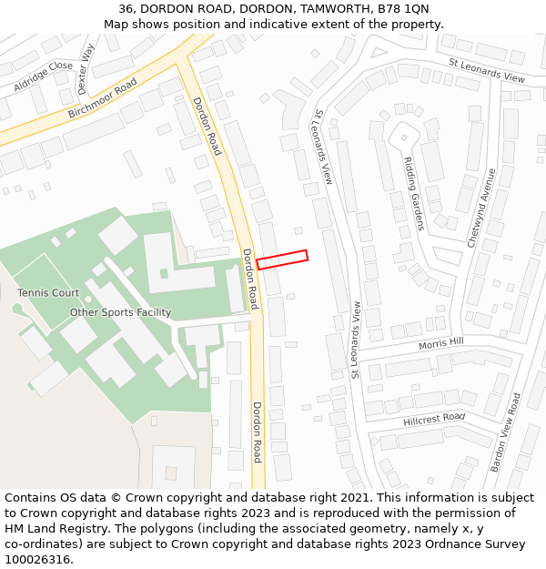 36, DORDON ROAD, DORDON, TAMWORTH, B78 1QN: Location map and indicative extent of plot