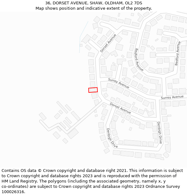 36, DORSET AVENUE, SHAW, OLDHAM, OL2 7DS: Location map and indicative extent of plot