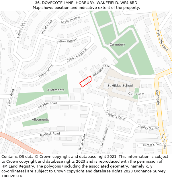 36, DOVECOTE LANE, HORBURY, WAKEFIELD, WF4 6BD: Location map and indicative extent of plot