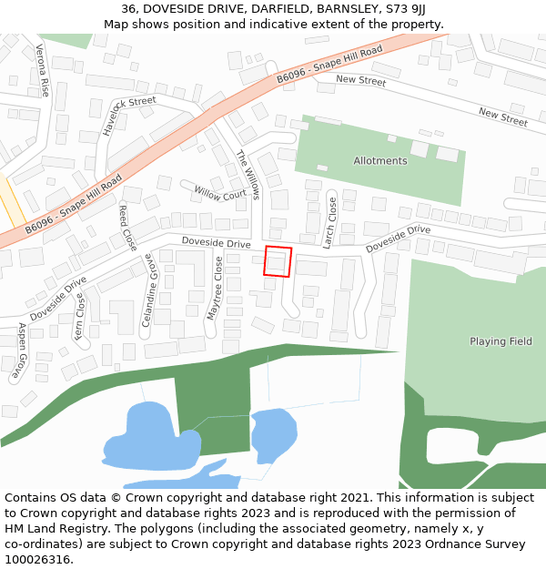 36, DOVESIDE DRIVE, DARFIELD, BARNSLEY, S73 9JJ: Location map and indicative extent of plot