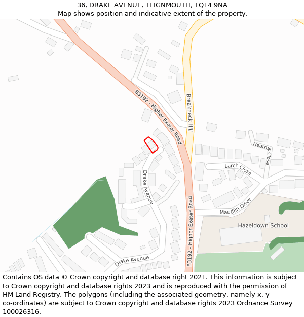 36, DRAKE AVENUE, TEIGNMOUTH, TQ14 9NA: Location map and indicative extent of plot