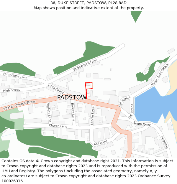 36, DUKE STREET, PADSTOW, PL28 8AD: Location map and indicative extent of plot