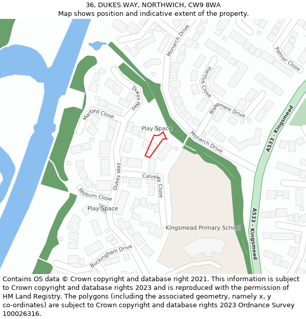 36, DUKES WAY, NORTHWICH, CW9 8WA: Location map and indicative extent of plot