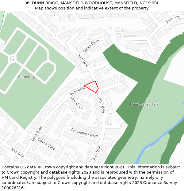 36, DUNN BRIGG, MANSFIELD WOODHOUSE, MANSFIELD, NG19 9RL: Location map and indicative extent of plot
