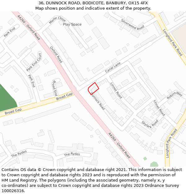 36, DUNNOCK ROAD, BODICOTE, BANBURY, OX15 4FX: Location map and indicative extent of plot