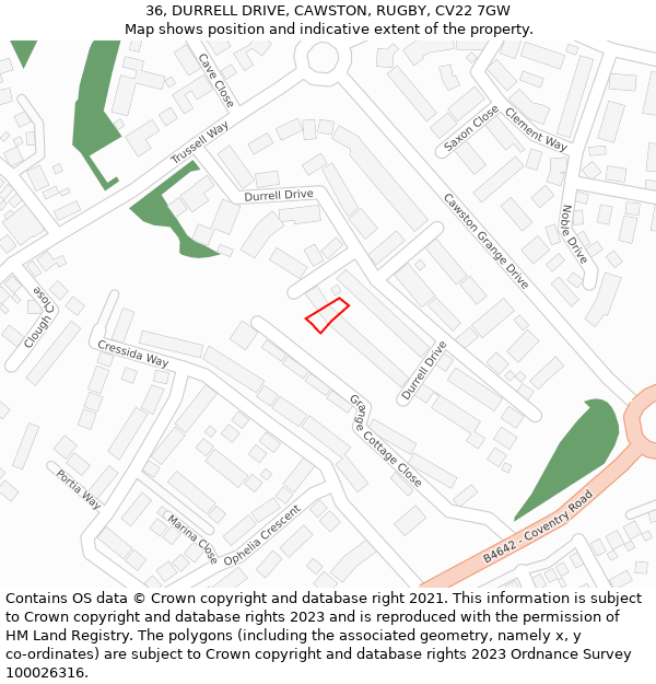 36, DURRELL DRIVE, CAWSTON, RUGBY, CV22 7GW: Location map and indicative extent of plot