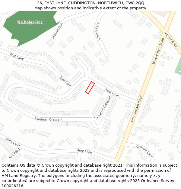 36, EAST LANE, CUDDINGTON, NORTHWICH, CW8 2QQ: Location map and indicative extent of plot