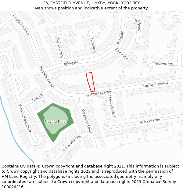 36, EASTFIELD AVENUE, HAXBY, YORK, YO32 3EY: Location map and indicative extent of plot