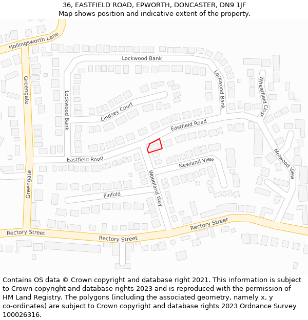 36, EASTFIELD ROAD, EPWORTH, DONCASTER, DN9 1JF: Location map and indicative extent of plot