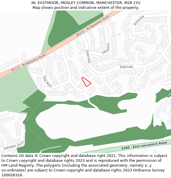 36, EASTMOOR, MOSLEY COMMON, MANCHESTER, M28 1YU: Location map and indicative extent of plot