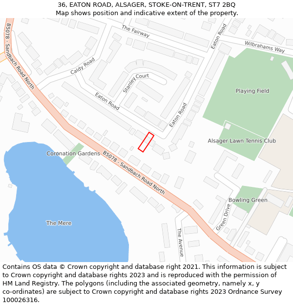 36, EATON ROAD, ALSAGER, STOKE-ON-TRENT, ST7 2BQ: Location map and indicative extent of plot