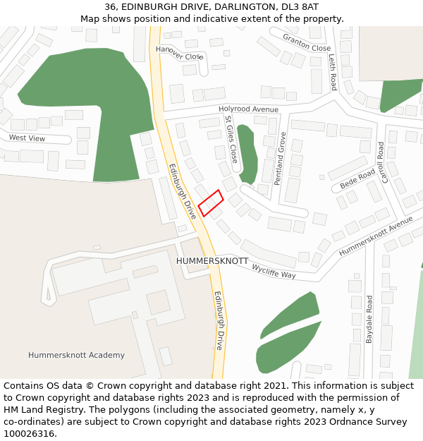 36, EDINBURGH DRIVE, DARLINGTON, DL3 8AT: Location map and indicative extent of plot