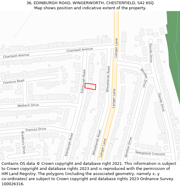 36, EDINBURGH ROAD, WINGERWORTH, CHESTERFIELD, S42 6SQ: Location map and indicative extent of plot