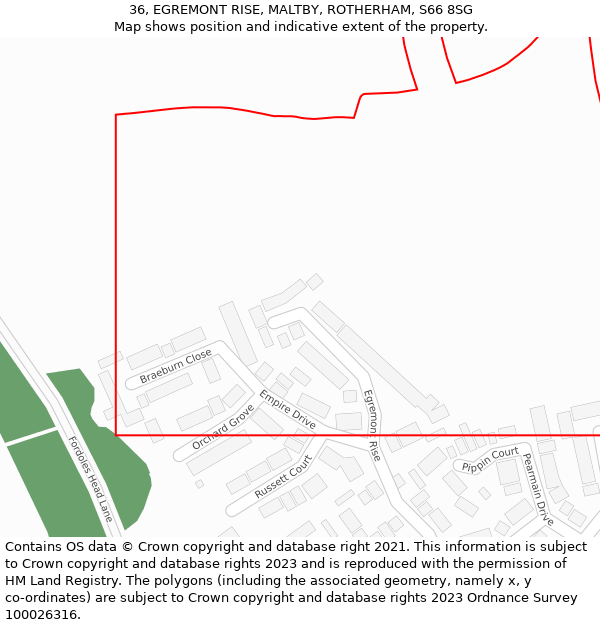36, EGREMONT RISE, MALTBY, ROTHERHAM, S66 8SG: Location map and indicative extent of plot