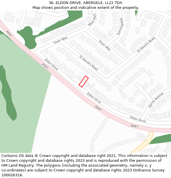 36, ELDON DRIVE, ABERGELE, LL22 7DA: Location map and indicative extent of plot