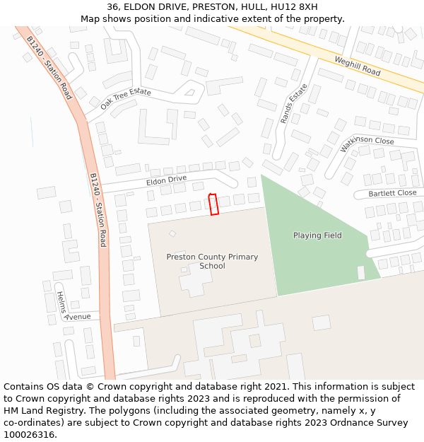 36, ELDON DRIVE, PRESTON, HULL, HU12 8XH: Location map and indicative extent of plot