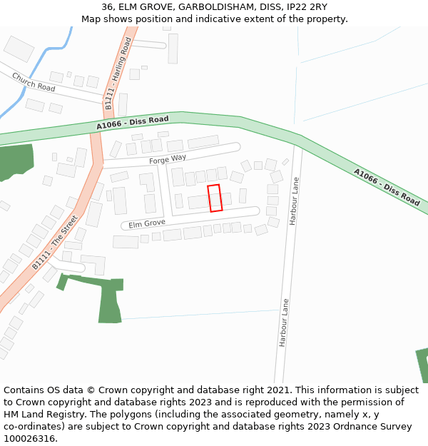 36, ELM GROVE, GARBOLDISHAM, DISS, IP22 2RY: Location map and indicative extent of plot