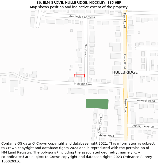36, ELM GROVE, HULLBRIDGE, HOCKLEY, SS5 6ER: Location map and indicative extent of plot