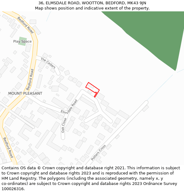 36, ELMSDALE ROAD, WOOTTON, BEDFORD, MK43 9JN: Location map and indicative extent of plot