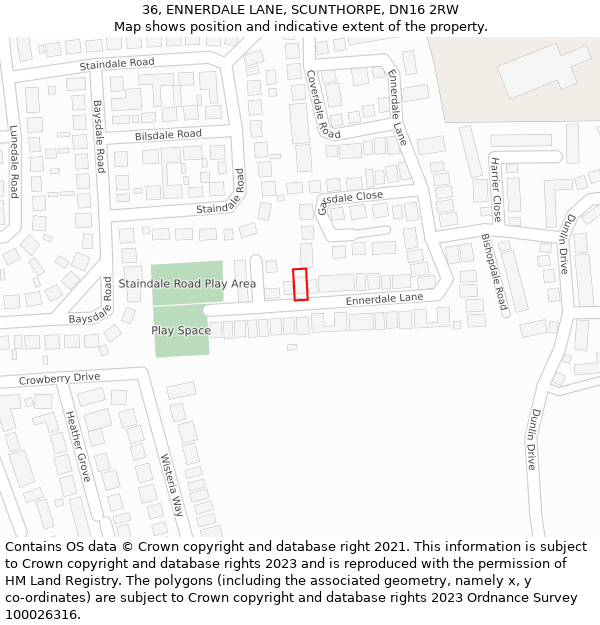 36, ENNERDALE LANE, SCUNTHORPE, DN16 2RW: Location map and indicative extent of plot