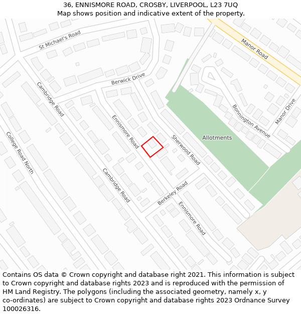 36, ENNISMORE ROAD, CROSBY, LIVERPOOL, L23 7UQ: Location map and indicative extent of plot