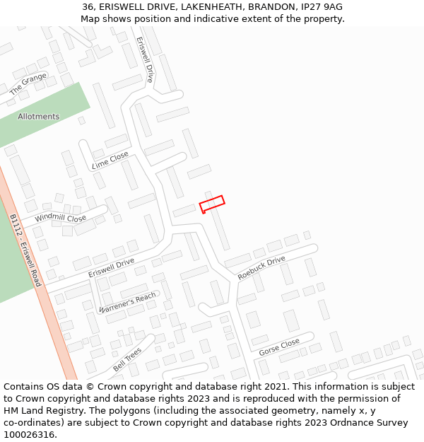 36, ERISWELL DRIVE, LAKENHEATH, BRANDON, IP27 9AG: Location map and indicative extent of plot