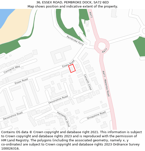 36, ESSEX ROAD, PEMBROKE DOCK, SA72 6ED: Location map and indicative extent of plot