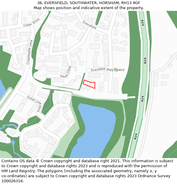 36, EVERSFIELD, SOUTHWATER, HORSHAM, RH13 9GF: Location map and indicative extent of plot