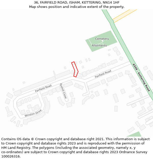 36, FAIRFIELD ROAD, ISHAM, KETTERING, NN14 1HF: Location map and indicative extent of plot