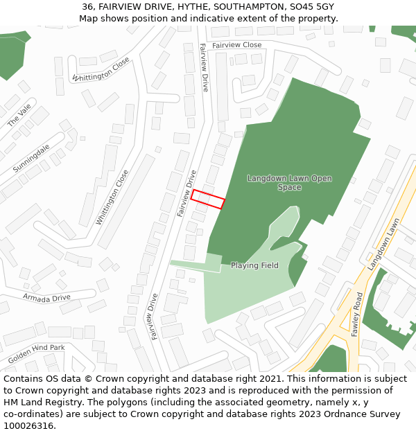 36, FAIRVIEW DRIVE, HYTHE, SOUTHAMPTON, SO45 5GY: Location map and indicative extent of plot