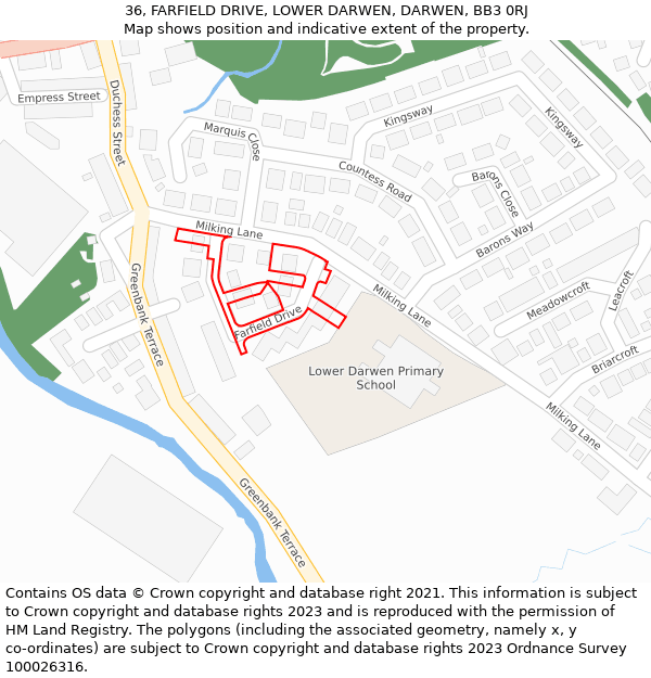 36, FARFIELD DRIVE, LOWER DARWEN, DARWEN, BB3 0RJ: Location map and indicative extent of plot