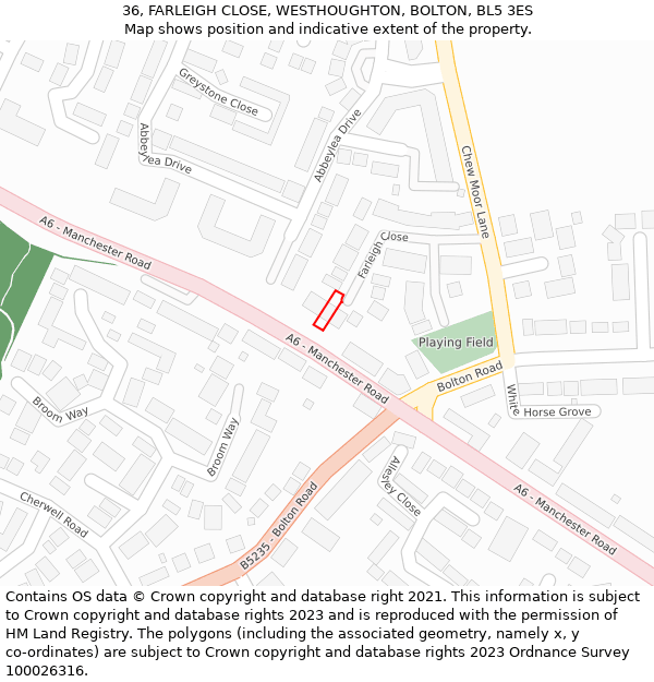 36, FARLEIGH CLOSE, WESTHOUGHTON, BOLTON, BL5 3ES: Location map and indicative extent of plot