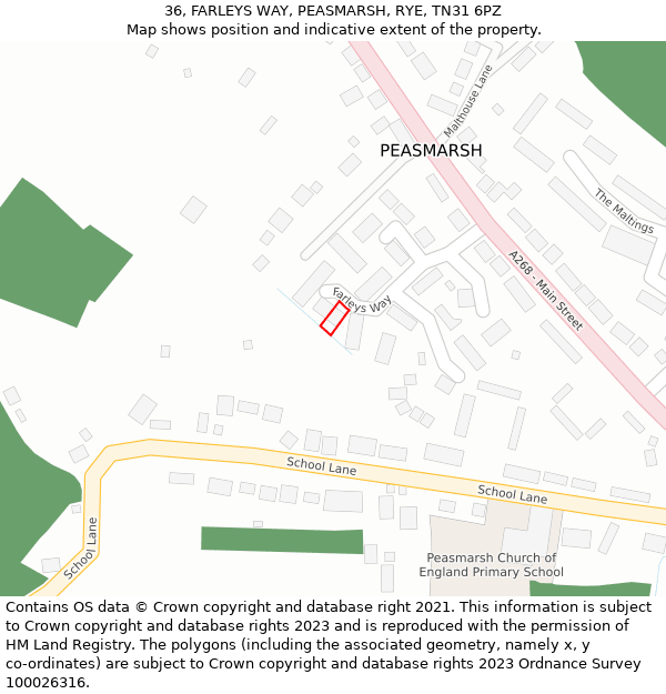 36, FARLEYS WAY, PEASMARSH, RYE, TN31 6PZ: Location map and indicative extent of plot