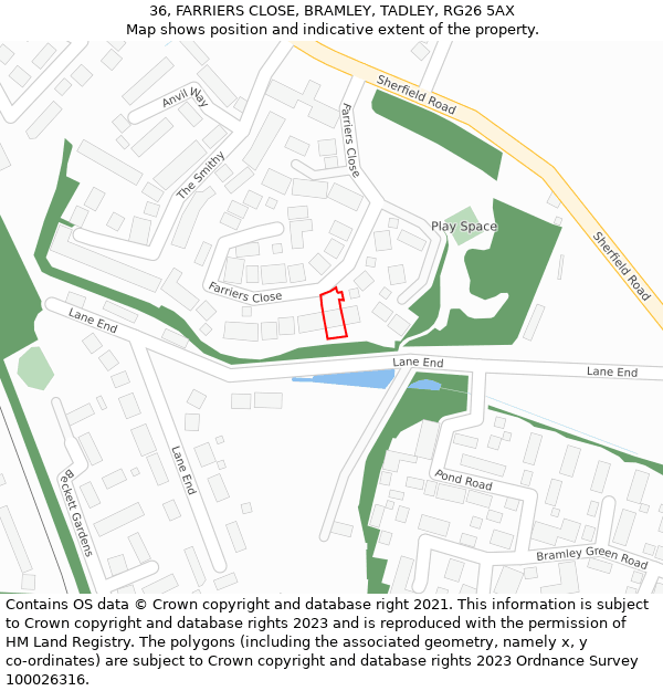 36, FARRIERS CLOSE, BRAMLEY, TADLEY, RG26 5AX: Location map and indicative extent of plot