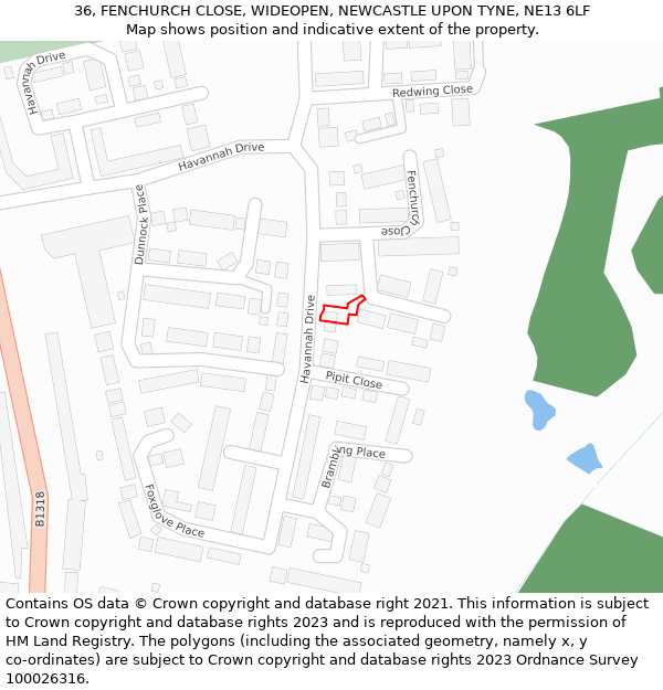 36, FENCHURCH CLOSE, WIDEOPEN, NEWCASTLE UPON TYNE, NE13 6LF: Location map and indicative extent of plot