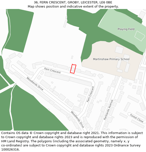 36, FERN CRESCENT, GROBY, LEICESTER, LE6 0BE: Location map and indicative extent of plot